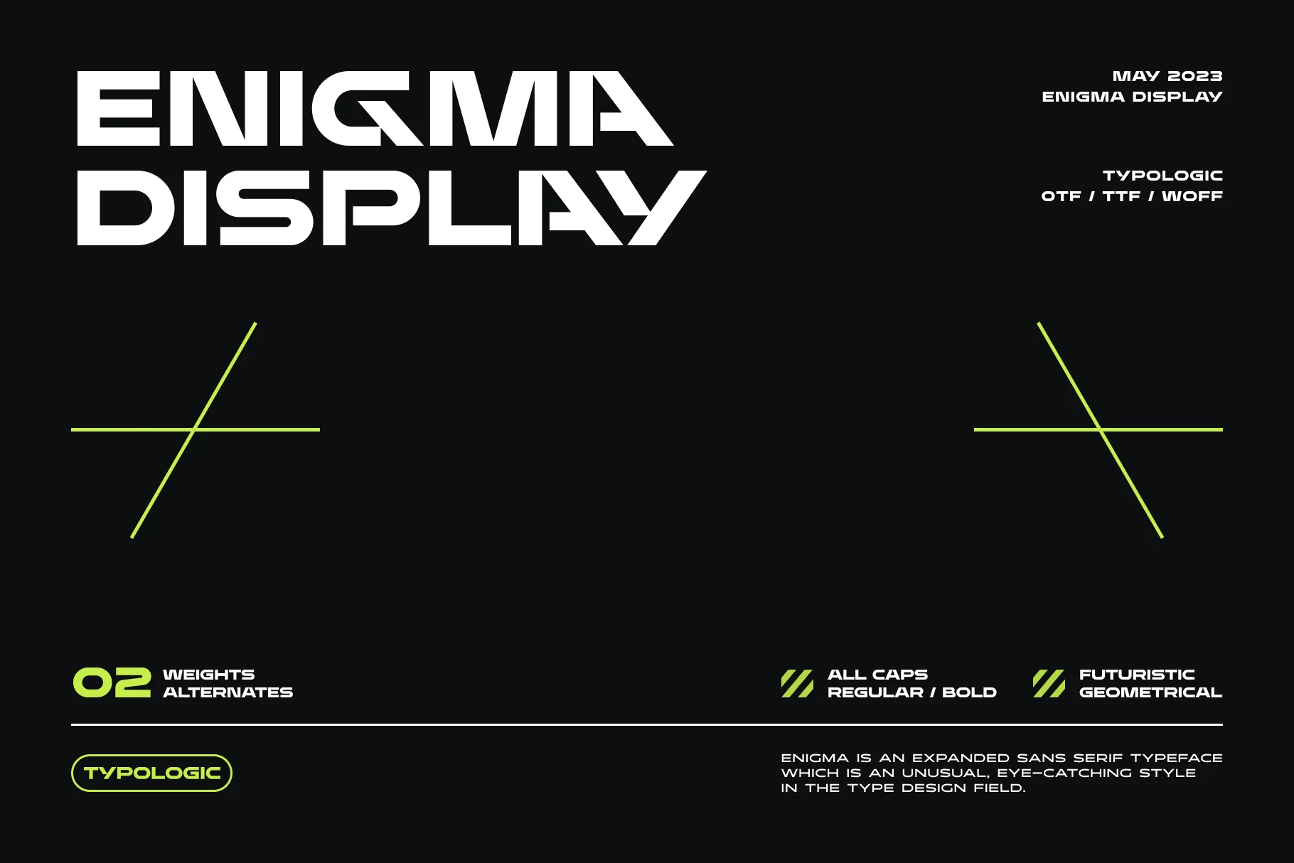 Enigma Display Font preview with wide white geometric sans serif letters and angular cuts