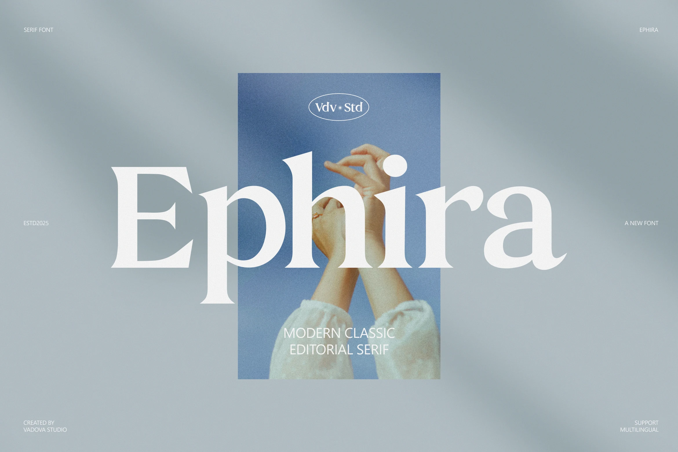 Ephira Font preview with bold white modern serif lettering and soft editorial contrast