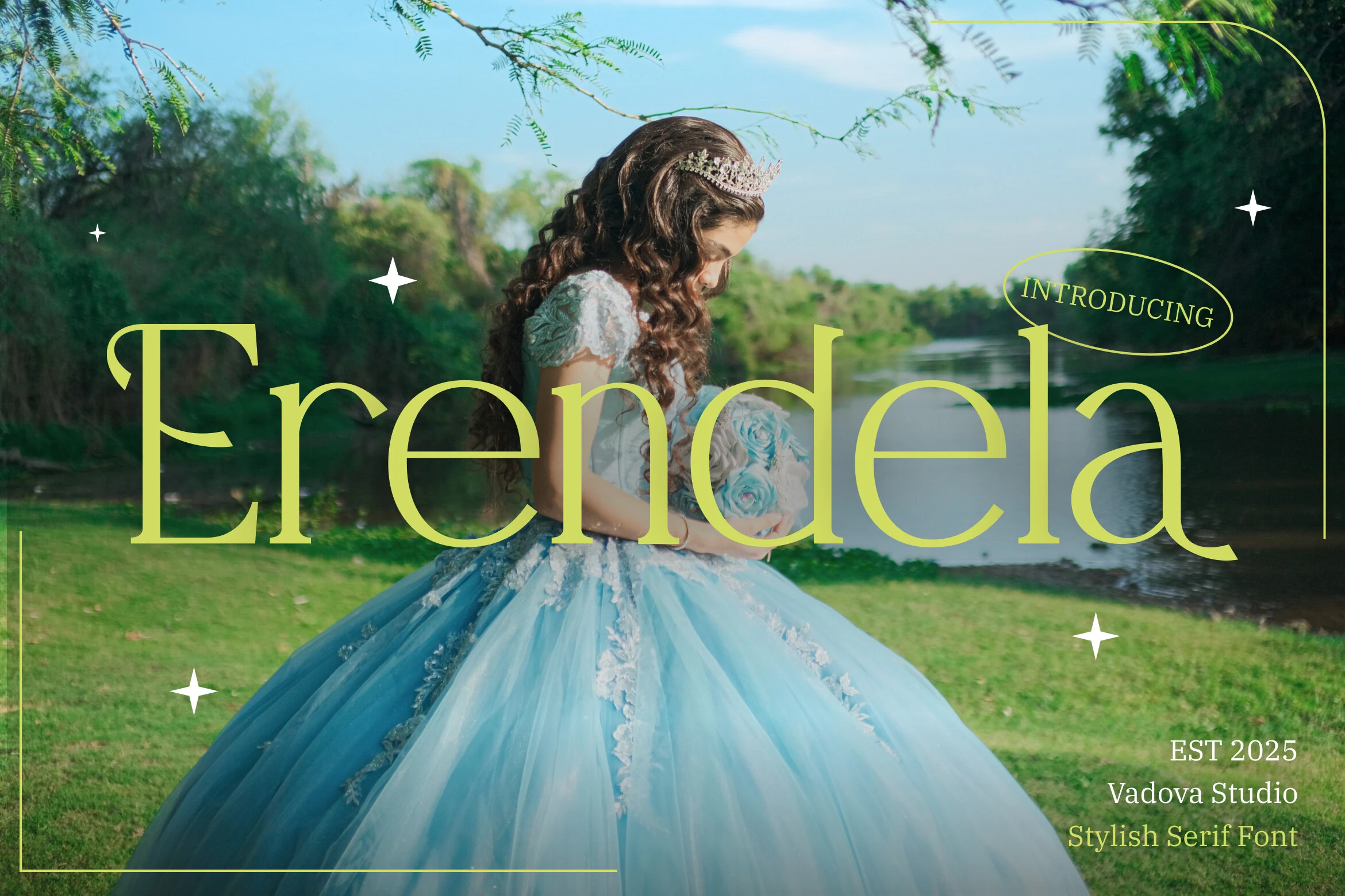 Erendela Font preview with high-contrast lime serif lettering and refined curved terminals