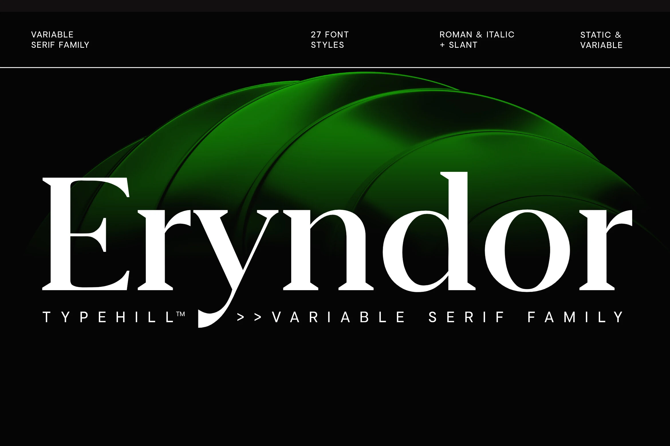 Eryndor Font preview with white modern serif lettering, sharp contrast, and smooth curves