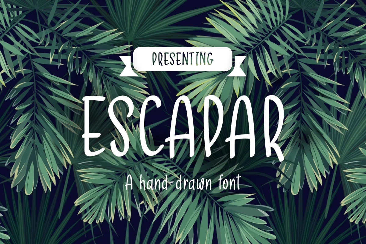 Escapar Font preview with tall white hand-drawn lettering and narrow playful uppercase letters