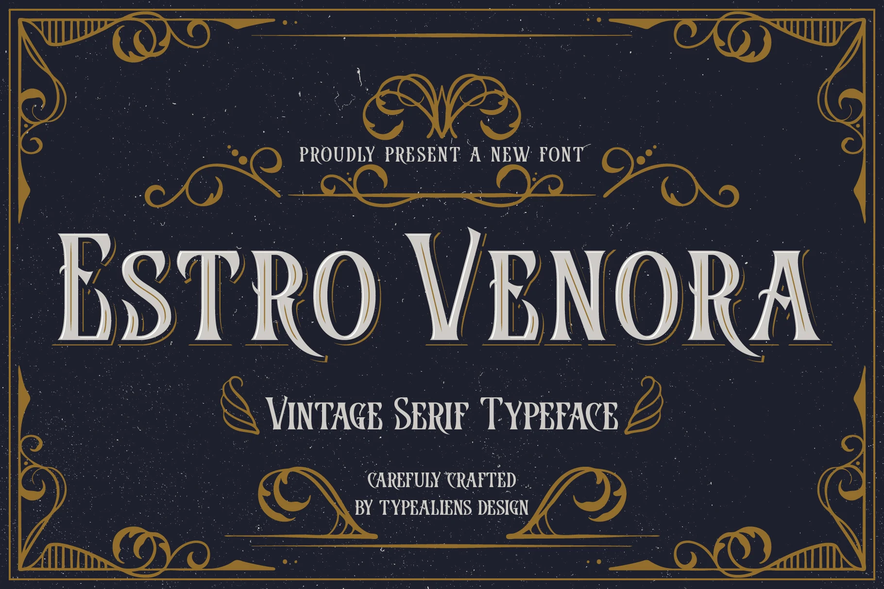 Estro Venora Font vintage serif preview with tall capitals, flared serifs, and decorative inline shadows
