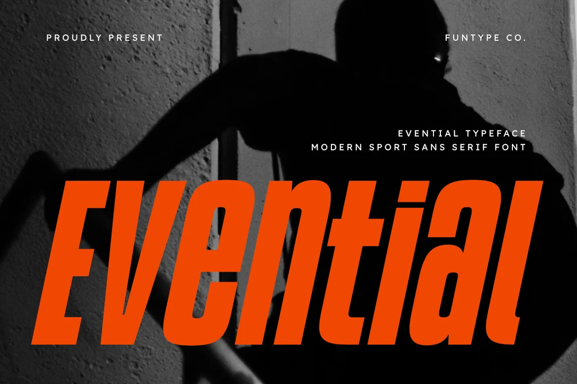 Evential Font preview with bold italic orange sport sans serif lettering