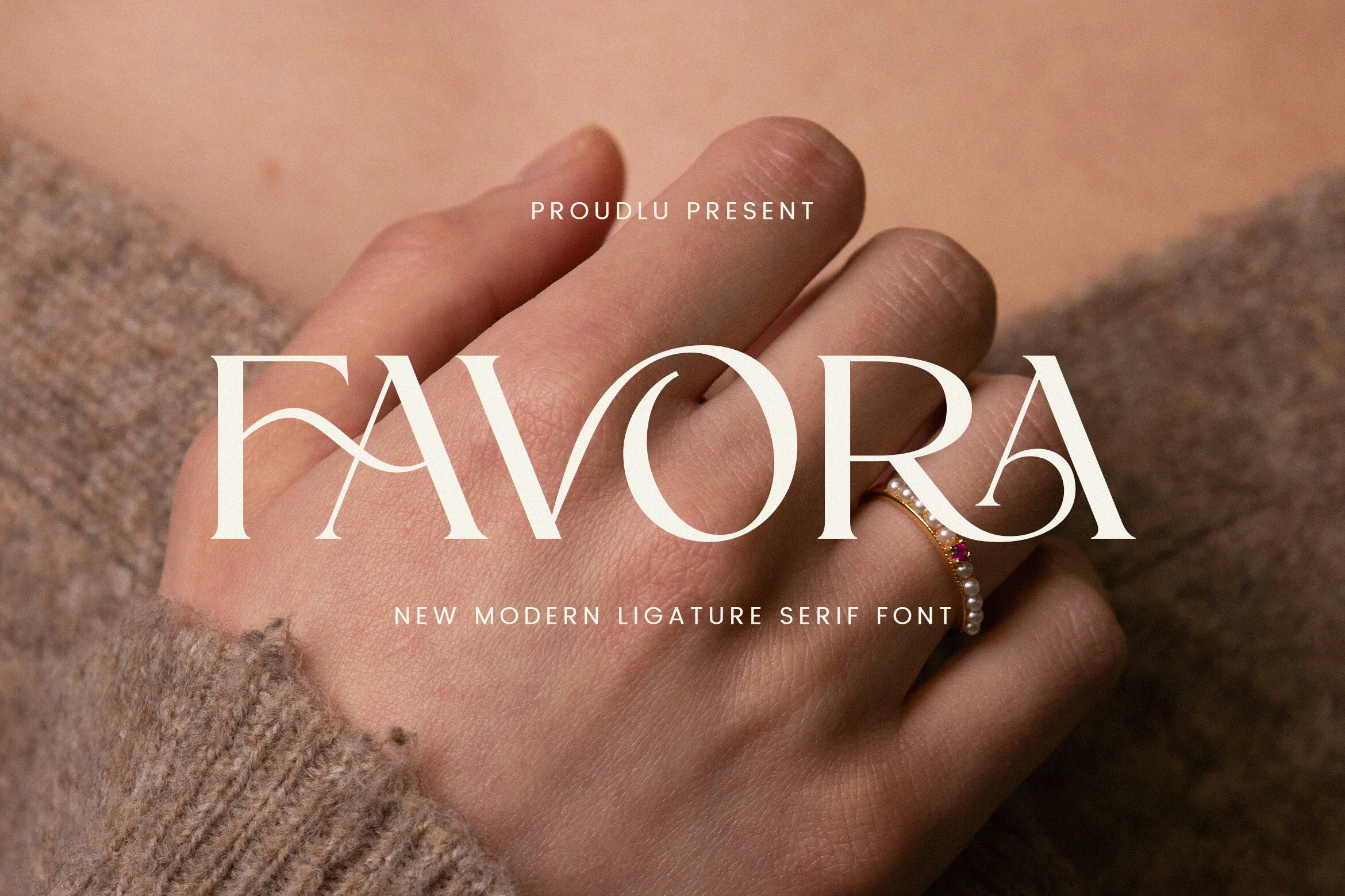 Favora Font preview with elegant white serif lettering and ligature details for jewelry branding