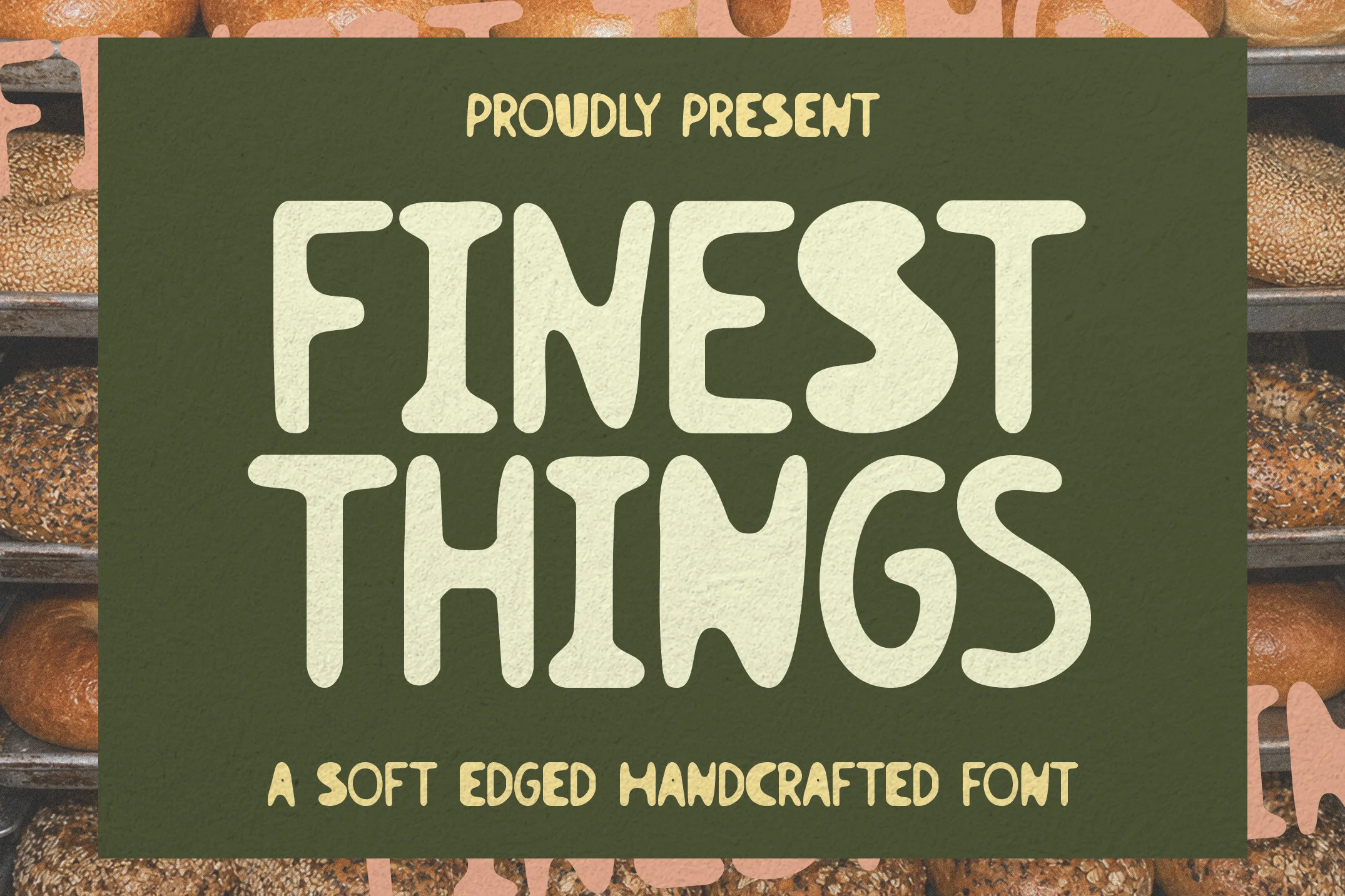 Finest Things Font preview with soft-edged cream retro lettering on a dark green background