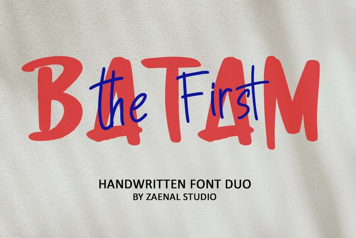 First Batam Font preview with red chunky hand-painted letters and blue thin handwritten script
