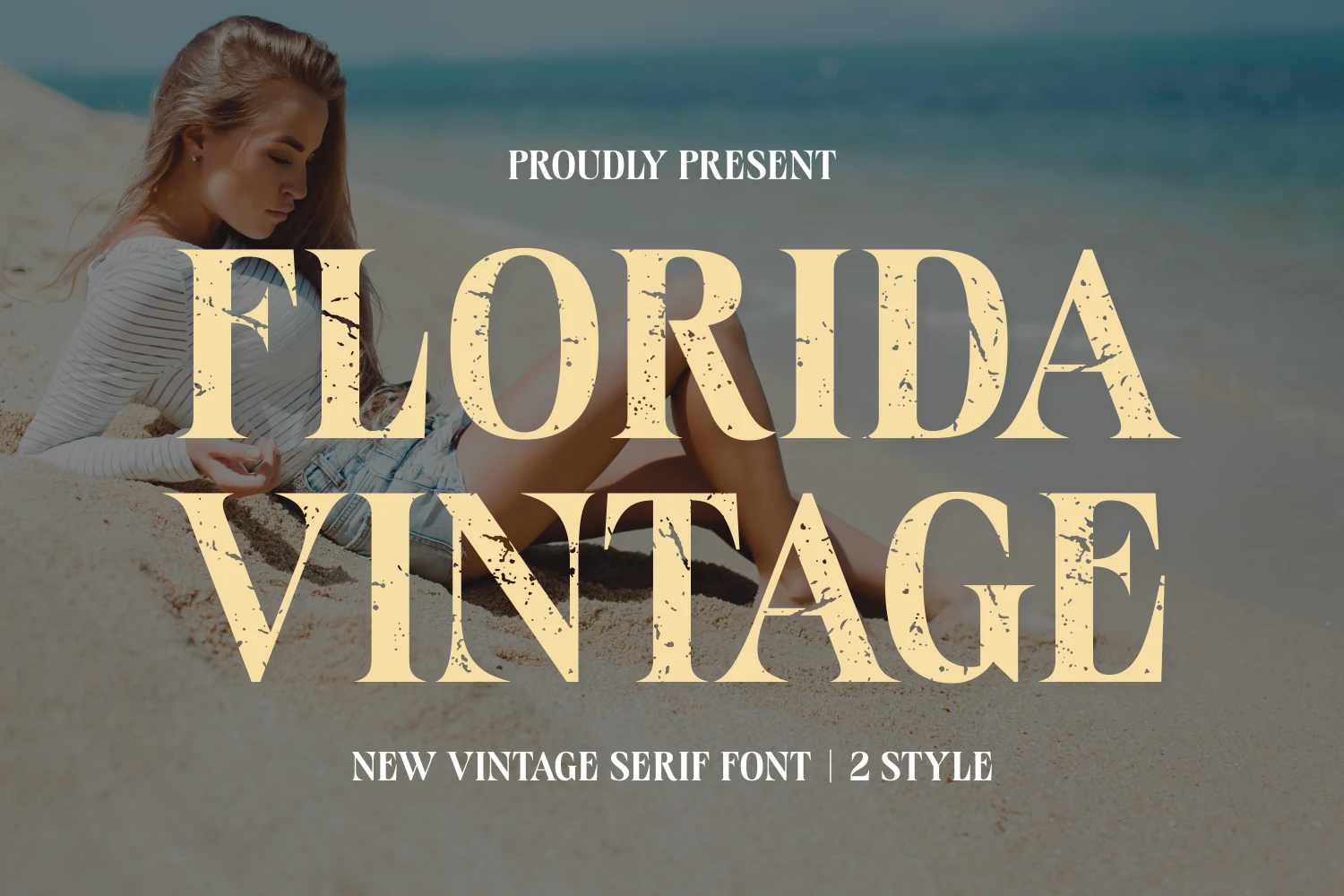 Florida Vintage Font preview with distressed cream all-caps serif lettering over a beach scene