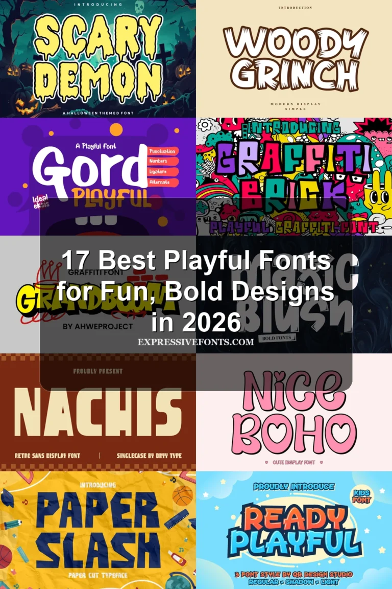 Playful fonts collection preview with bold, rounded, comic, graffiti, and handmade display lettering styles.