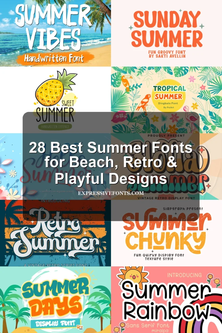 Preview collage of summer font styles from the article with the title “28 Best Summer Fonts for Beach, Retro & Playful Designs.
