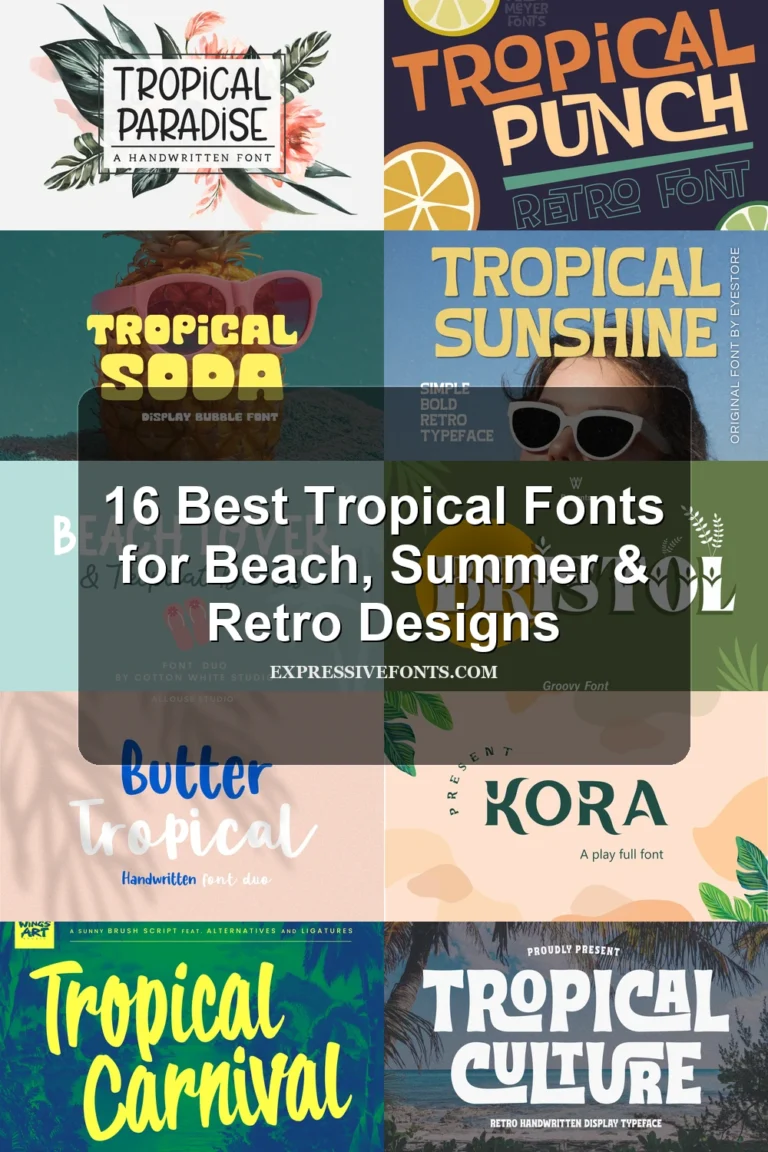 Cover image showing previews of tropical fonts from the article with the title “16 Best Tropical Fonts for Beach, Summer & Retro Designs.”