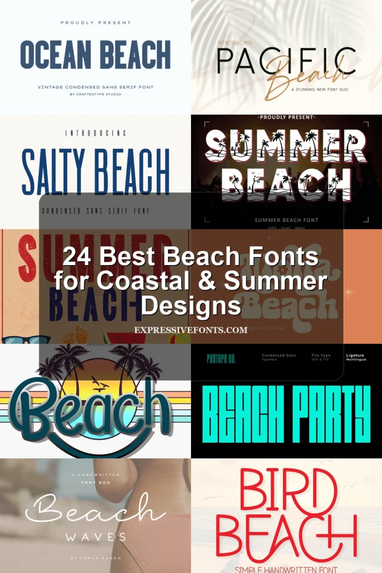 Featured image showing previews of beach-style fonts from the article with the title 24 Best Beach Fonts for Coastal & Summer Designs.