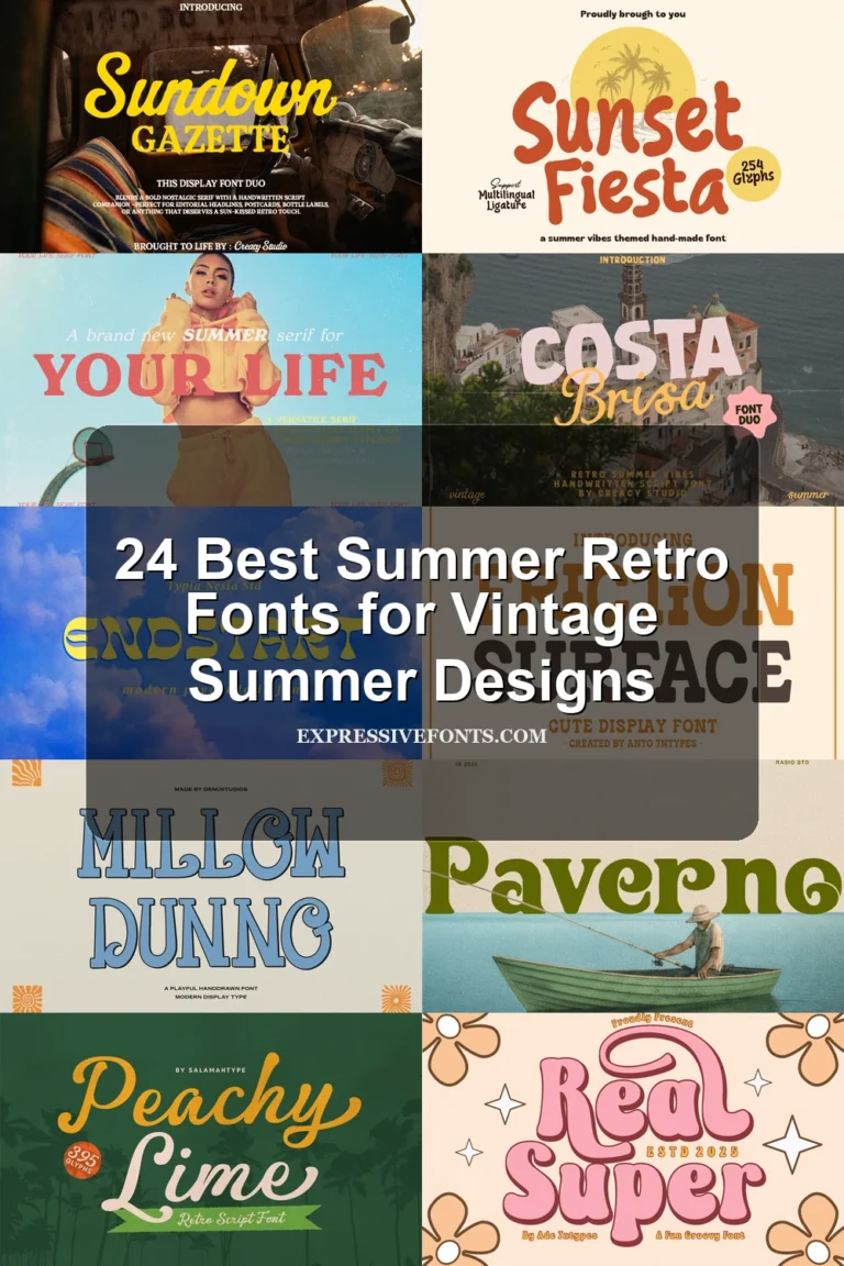 Preview collage of summer retro fonts with groovy vintage lettering, beach-inspired type styles, bold display fonts, and the title 24 Best Summer Retro Fonts for Vintage Summer Designs.