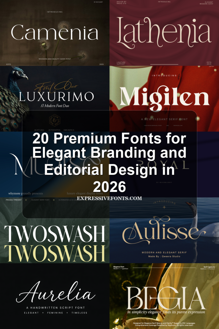Premium Fonts preview cover featuring elegant serif, signature script, and minimal sans serif lettering examples