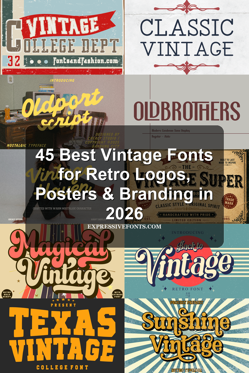 Vintage Fonts cover preview with retro script, slab serif, varsity, blackletter, and distressed display lettering