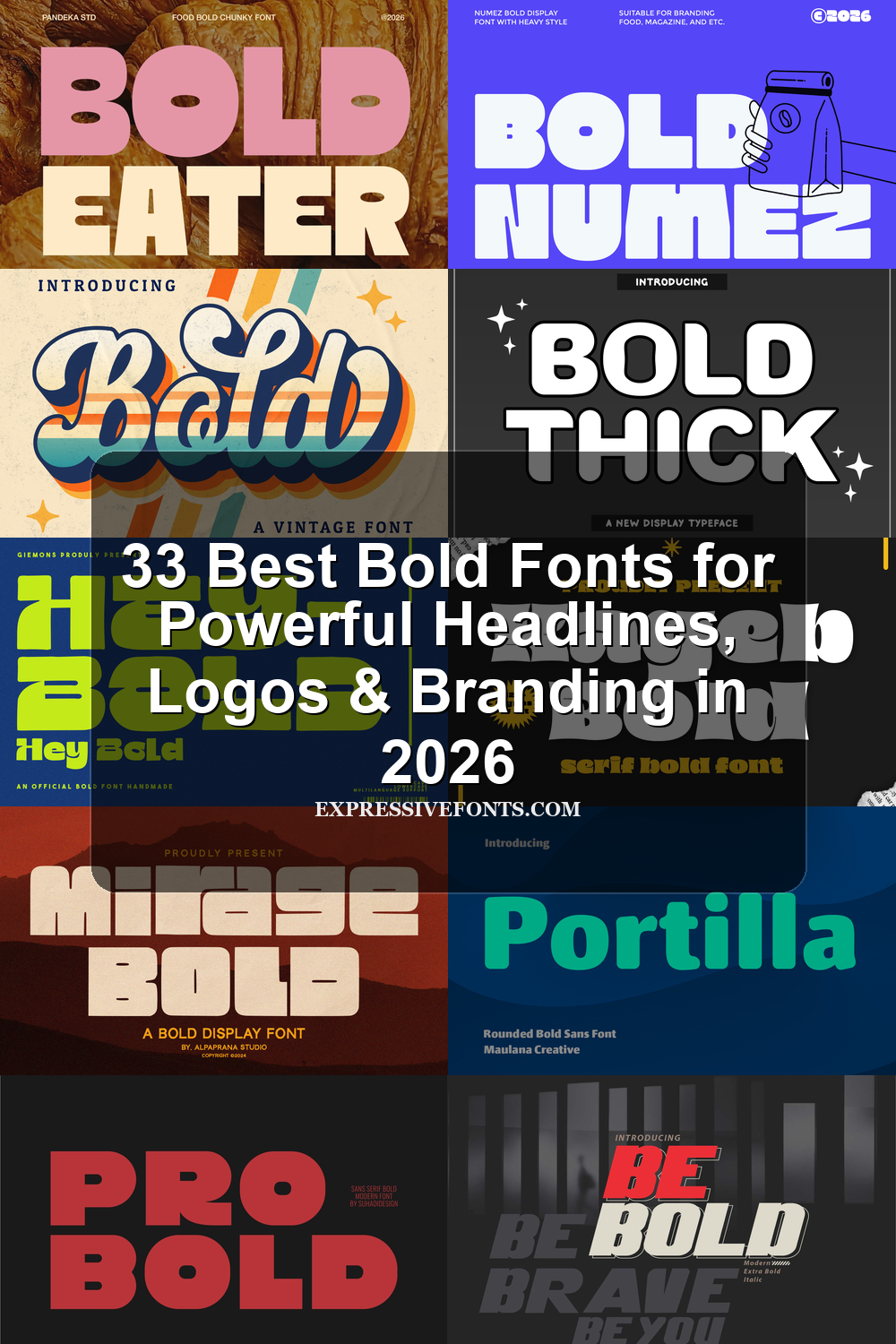 Bold fonts preview with chunky display lettering for logos, posters, packaging, and branding designs.