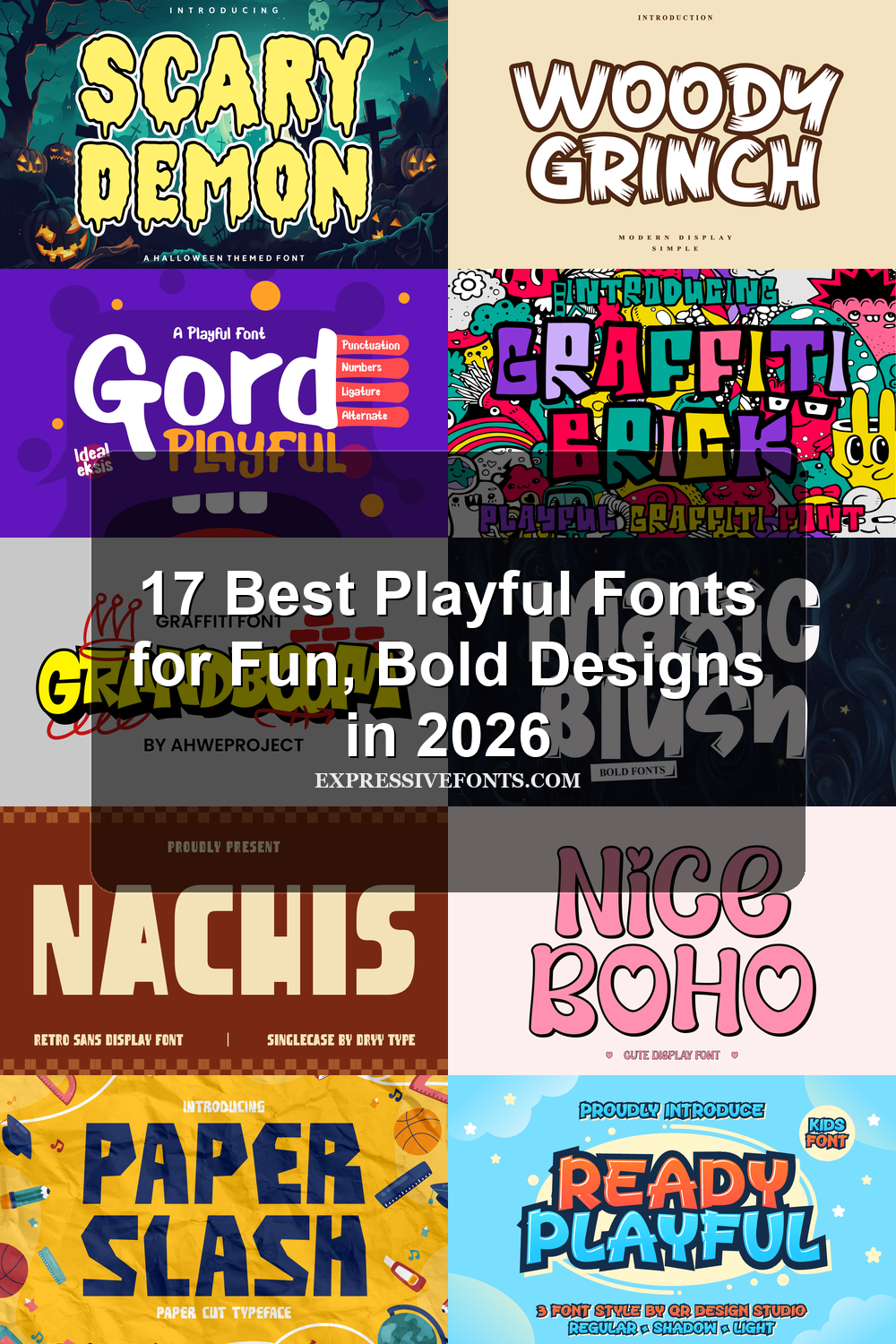Playful fonts collection preview with bold, rounded, comic, graffiti, and handmade display lettering styles.
