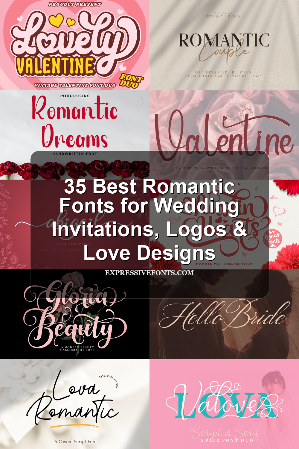 Preview collage featuring 35 romantic font covers with elegant script typography, wedding calligraphy, handwritten lettering, decorative swashes, and feminine love-themed designs.