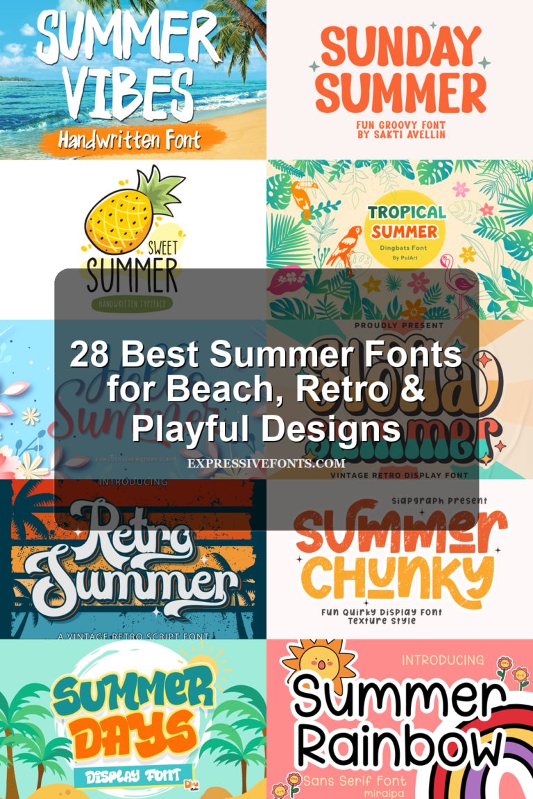 Preview collage of summer font styles from the article with the title “28 Best Summer Fonts for Beach, Retro & Playful Designs.