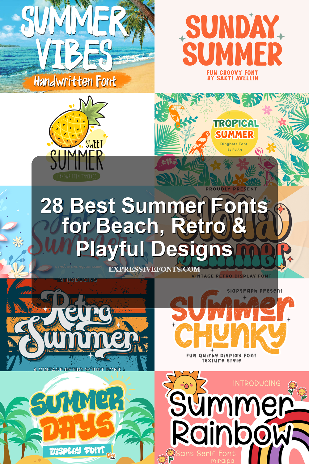 Preview collage of summer font styles from the article with the title “28 Best Summer Fonts for Beach, Retro & Playful Designs.