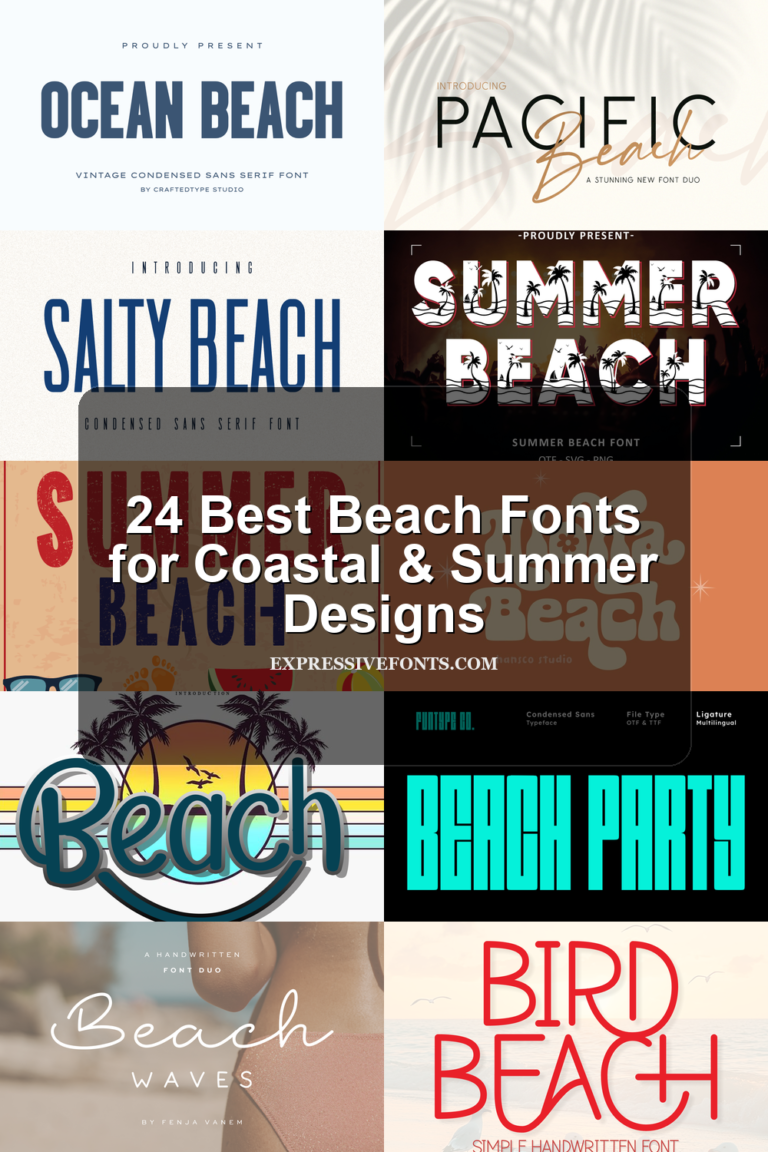 Featured image showing previews of beach-style fonts from the article with the title 24 Best Beach Fonts for Coastal & Summer Designs.