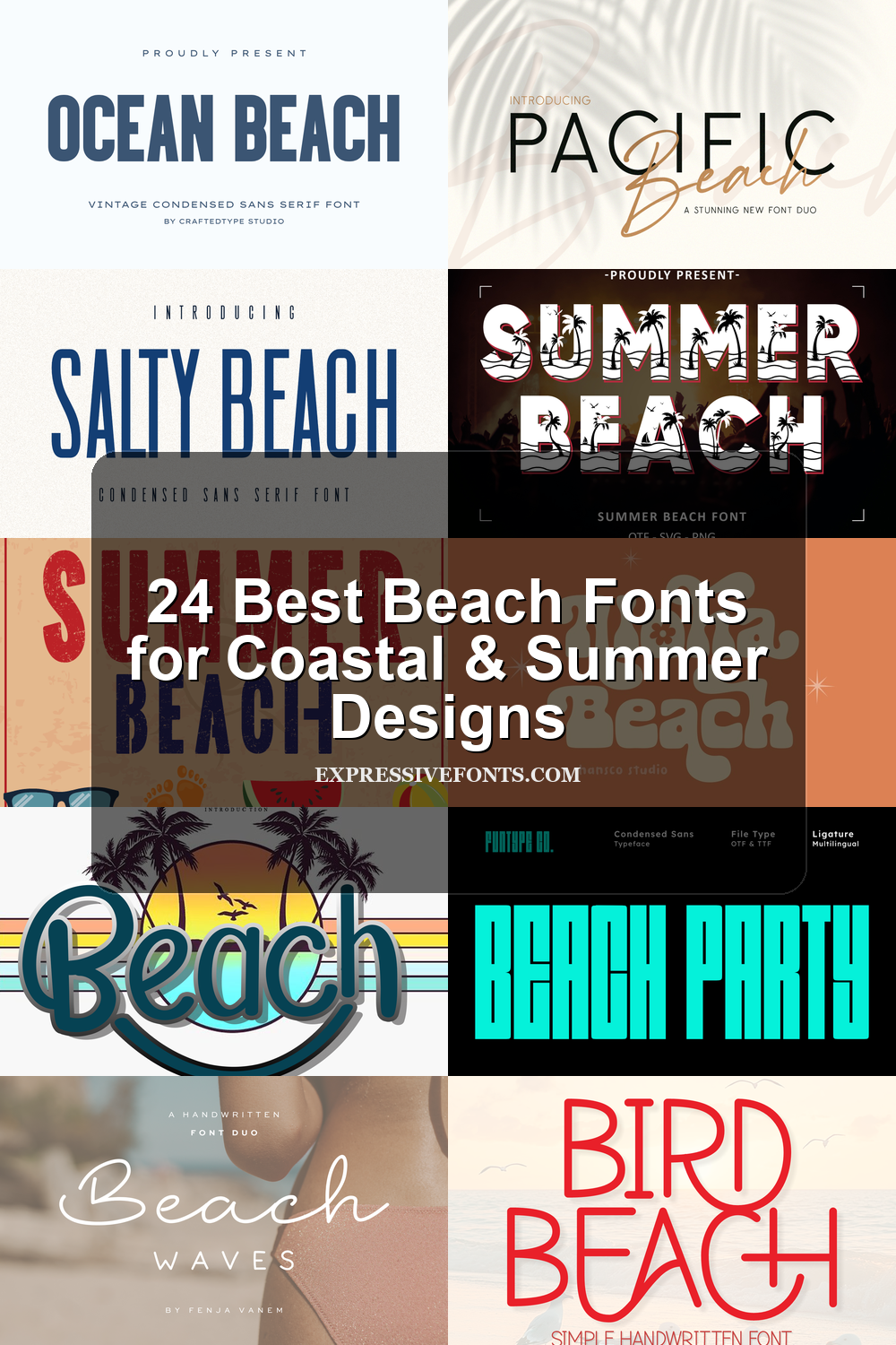 Featured image showing previews of beach-style fonts from the article with the title 24 Best Beach Fonts for Coastal & Summer Designs.