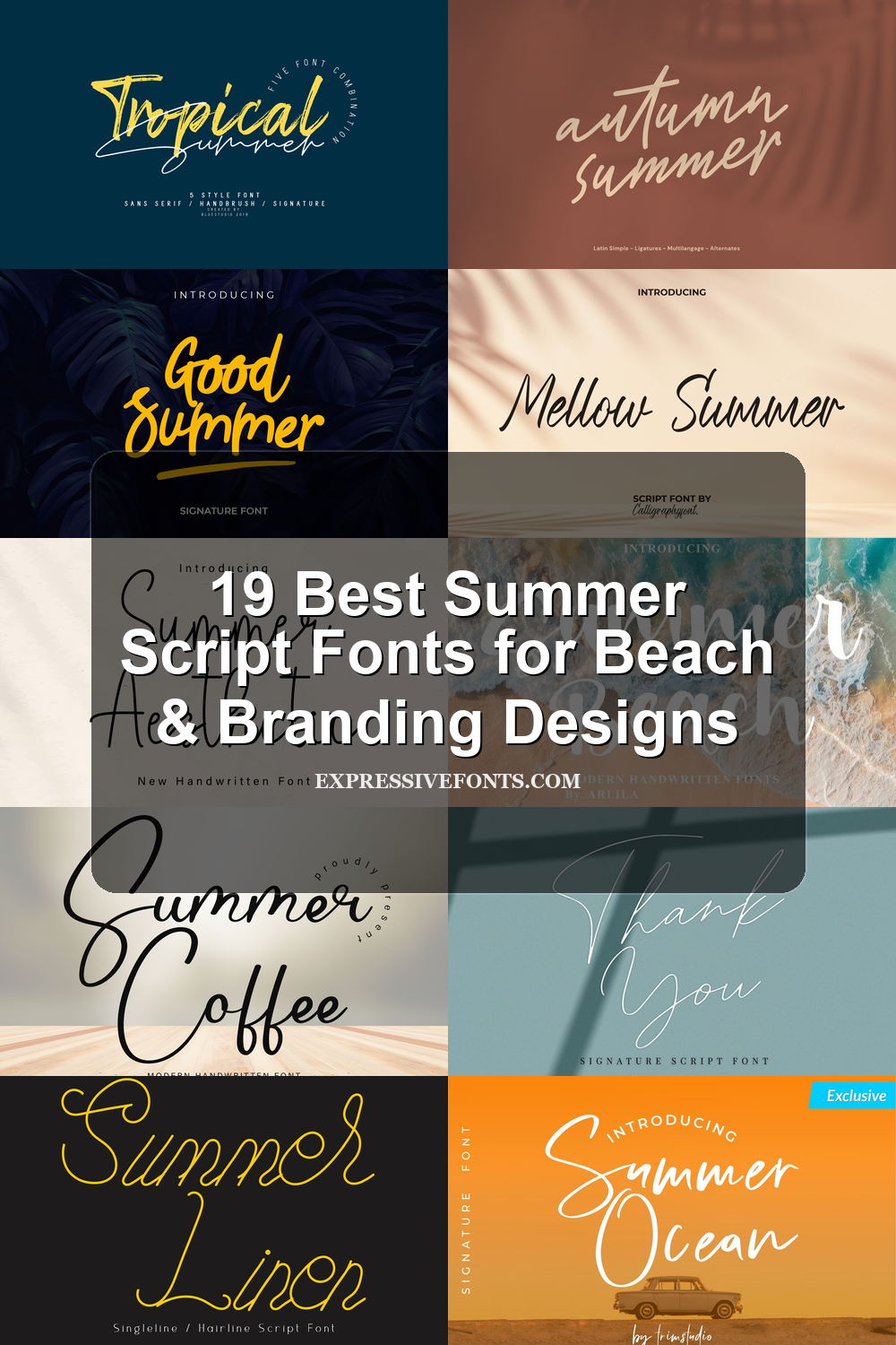 Featured image showing previews of summer script fonts from the article with the title 19 Best Summer Script Fonts for Beach & Branding Designs.