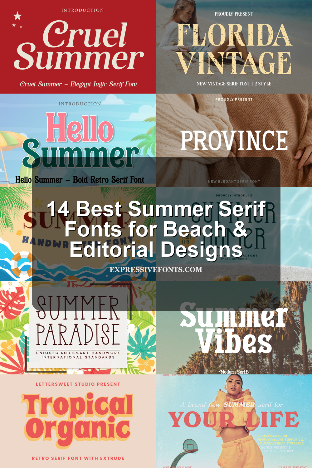 Cover image featuring previews of summer serif fonts from the article with the title “14 Best Summer Serif Fonts for Beach & Editorial Designs.”