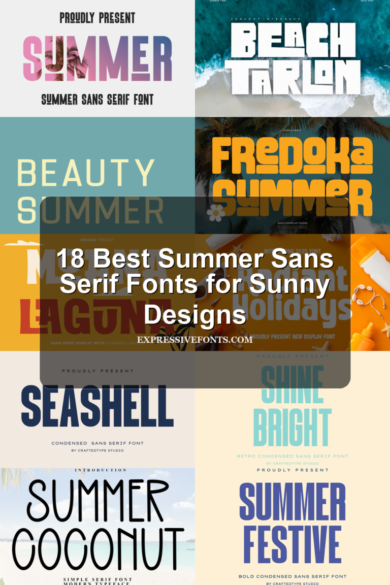 Preview collage of summer sans serif fonts from the article with the title “18 Best Summer Sans Serif Fonts for Sunny Designs” shown on the cover.
