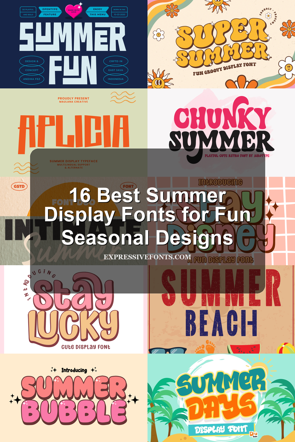 Preview collage of summer display fonts from the article with the title “16 Best Summer Display Fonts for Fun Seasonal Designs” shown on the cover.