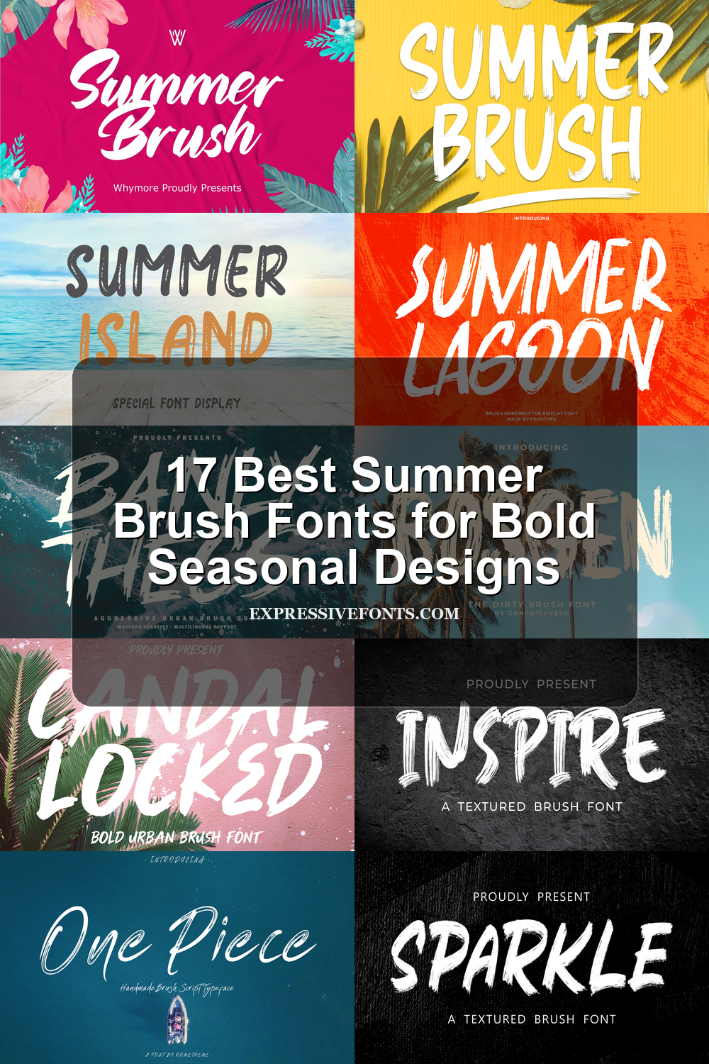Featured image showing previews of summer brush fonts from the article with the title 17 Best Summer Brush Fonts for Bold Seasonal Designs