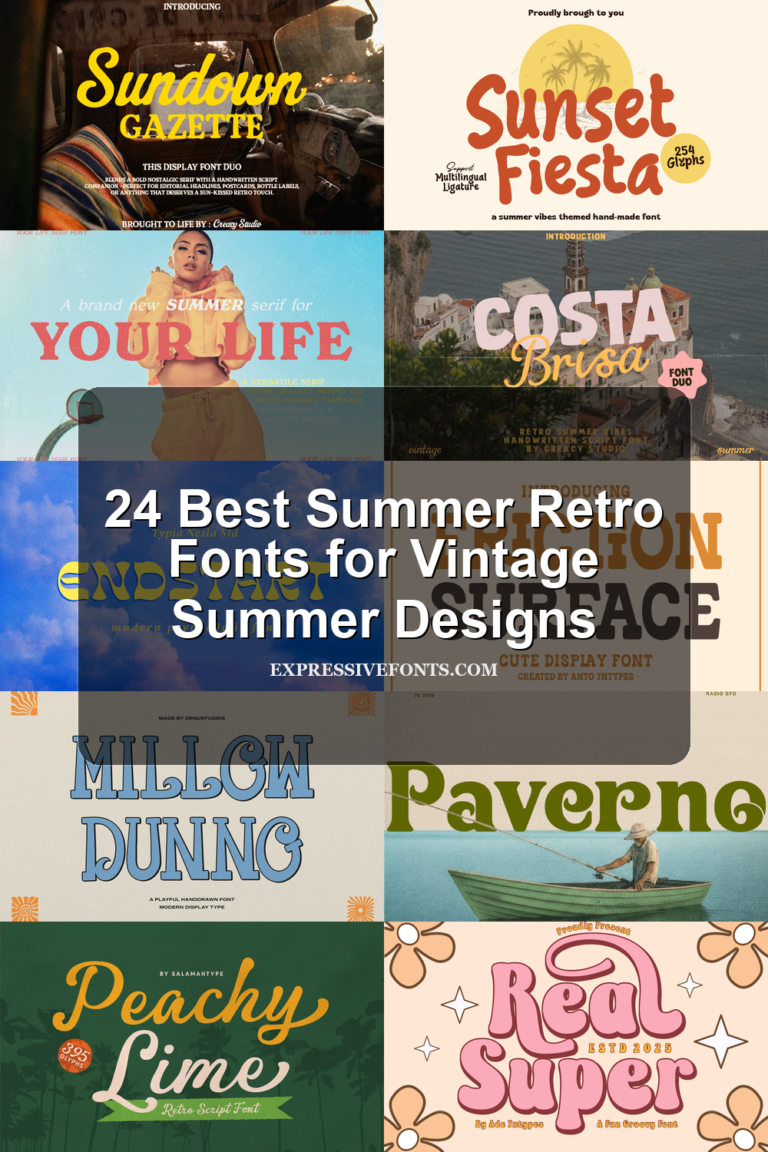 Preview collage of summer retro fonts with groovy vintage lettering, beach-inspired type styles, bold display fonts, and the title 24 Best Summer Retro Fonts for Vintage Summer Designs.