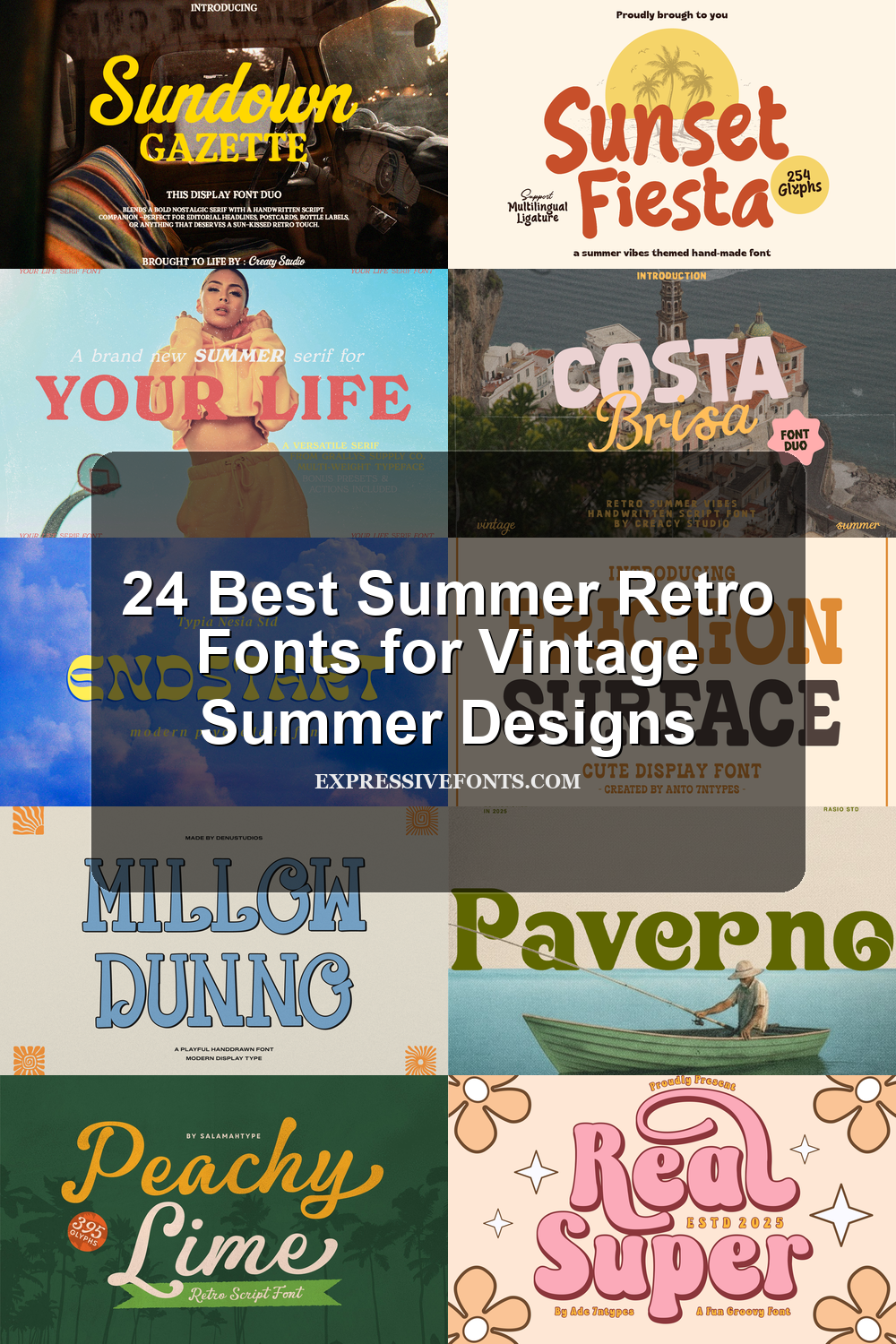 Preview collage of summer retro fonts with groovy vintage lettering, beach-inspired type styles, bold display fonts, and the title 24 Best Summer Retro Fonts for Vintage Summer Designs.
