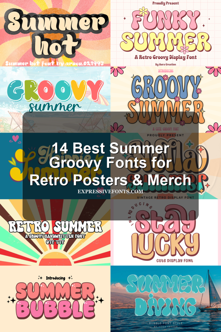 Preview collage of 14 summer groovy fonts with retro bubble lettering, hippie scripts, vintage shadows, colorful summer typography, and the article title.