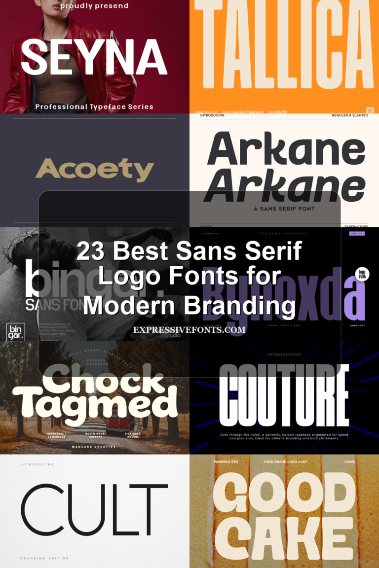 Cover image with previews of fonts from 23 Best Sans Serif Logo Fonts for Clean Modern Branding
