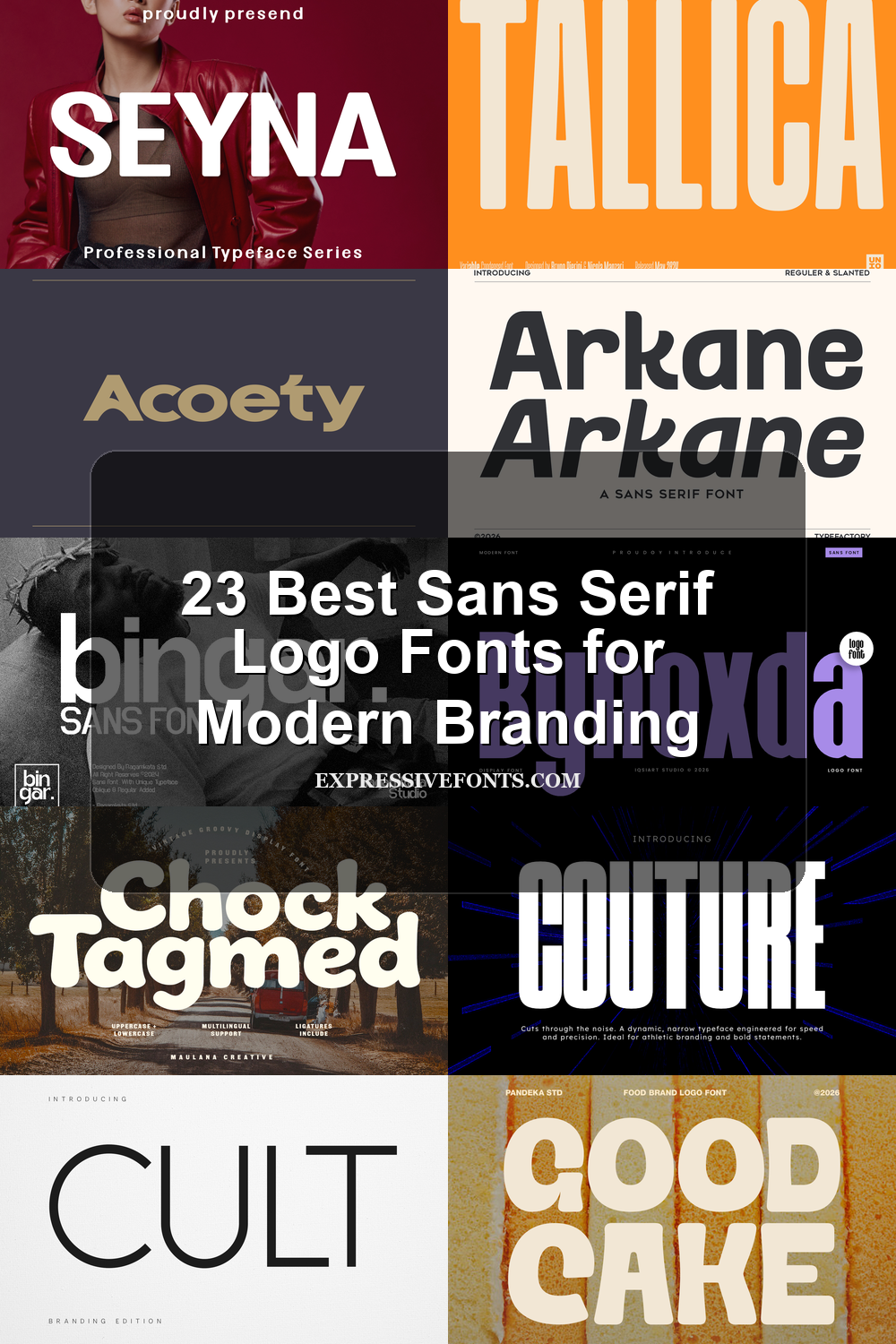 Cover image with previews of fonts from 23 Best Sans Serif Logo Fonts for Clean Modern Branding