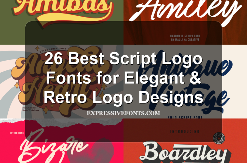 Cover image with previews of script lettering styles from 26 Script Logo Fonts for Elegant & Retro Logo Designs