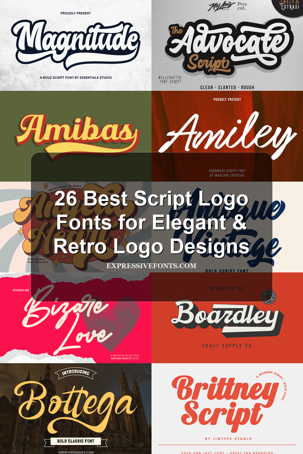 Cover image with previews of script lettering styles from 26 Script Logo Fonts for Elegant & Retro Logo Designs
