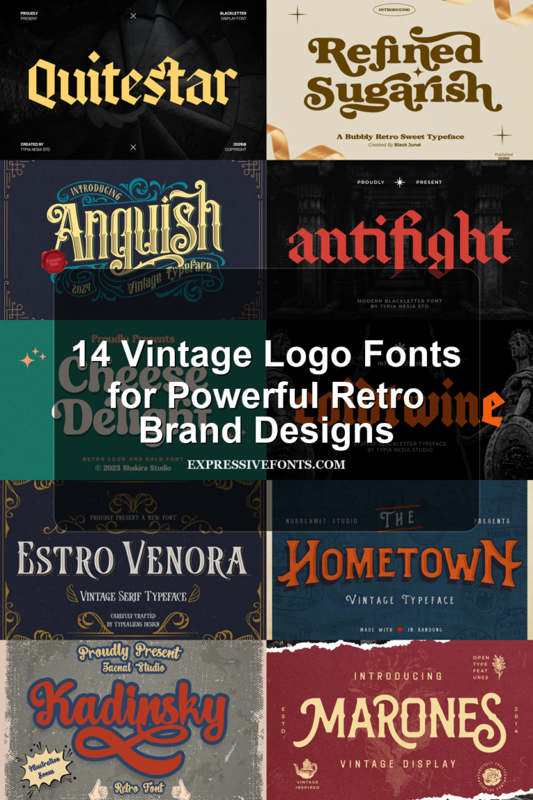 Cover image for 14 Vintage Logo Fonts for Powerful Retro Brand Designs, showing previews of vintage logo fonts from the article.