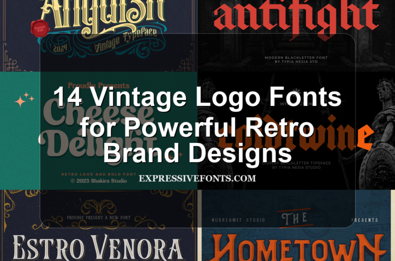 Cover image for 14 Vintage Logo Fonts for Powerful Retro Brand Designs, showing previews of vintage logo fonts from the article.