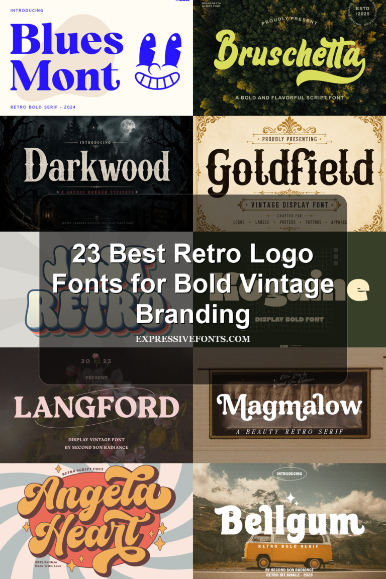 Cover preview for 23 Best Retro Logo Fonts for Bold Vintage Branding, showing font samples from the article in nostalgic script, serif, and block styles.