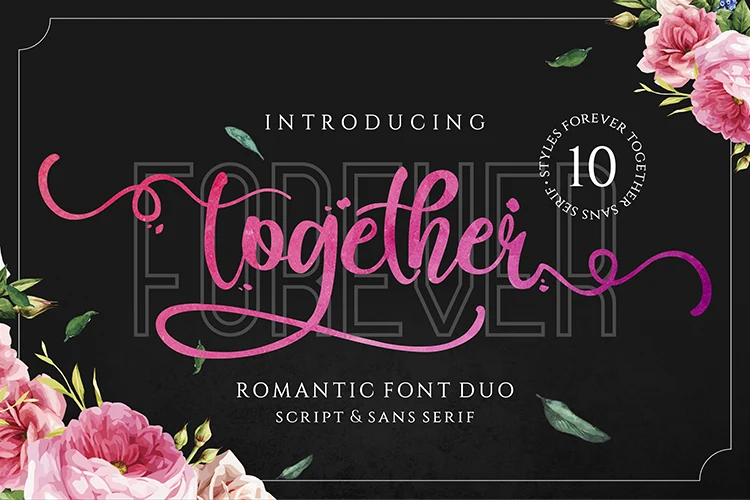 Forever Together Duo Font preview with pink textured script, looping swashes, and tall sans serif lettering