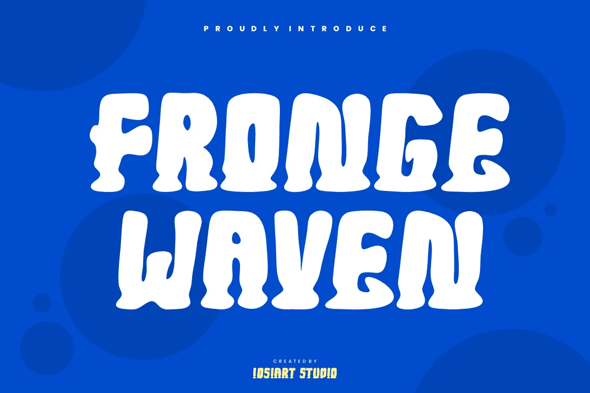 Fronge Waven Font preview with white chunky wavy display lettering on a blue background
