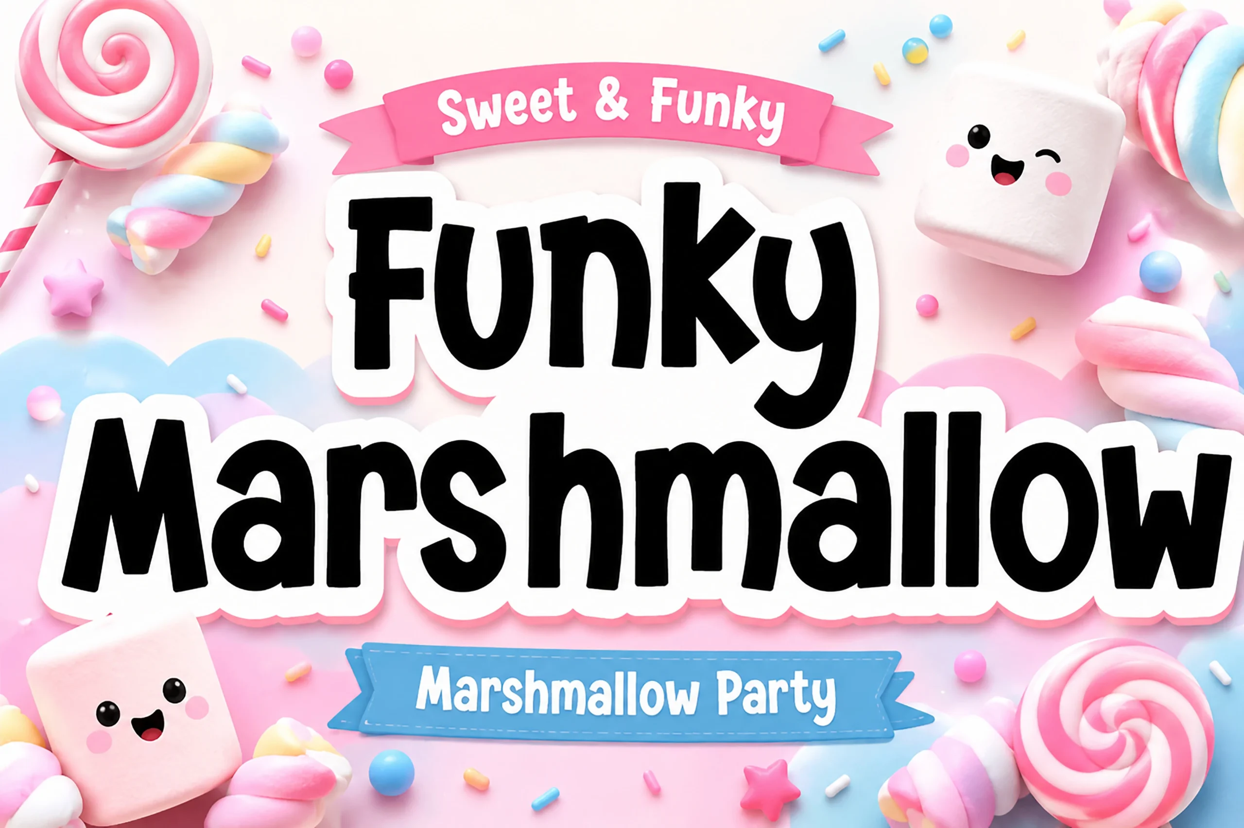Funky Marshmallow Font preview with chunky black rounded display lettering and white contour