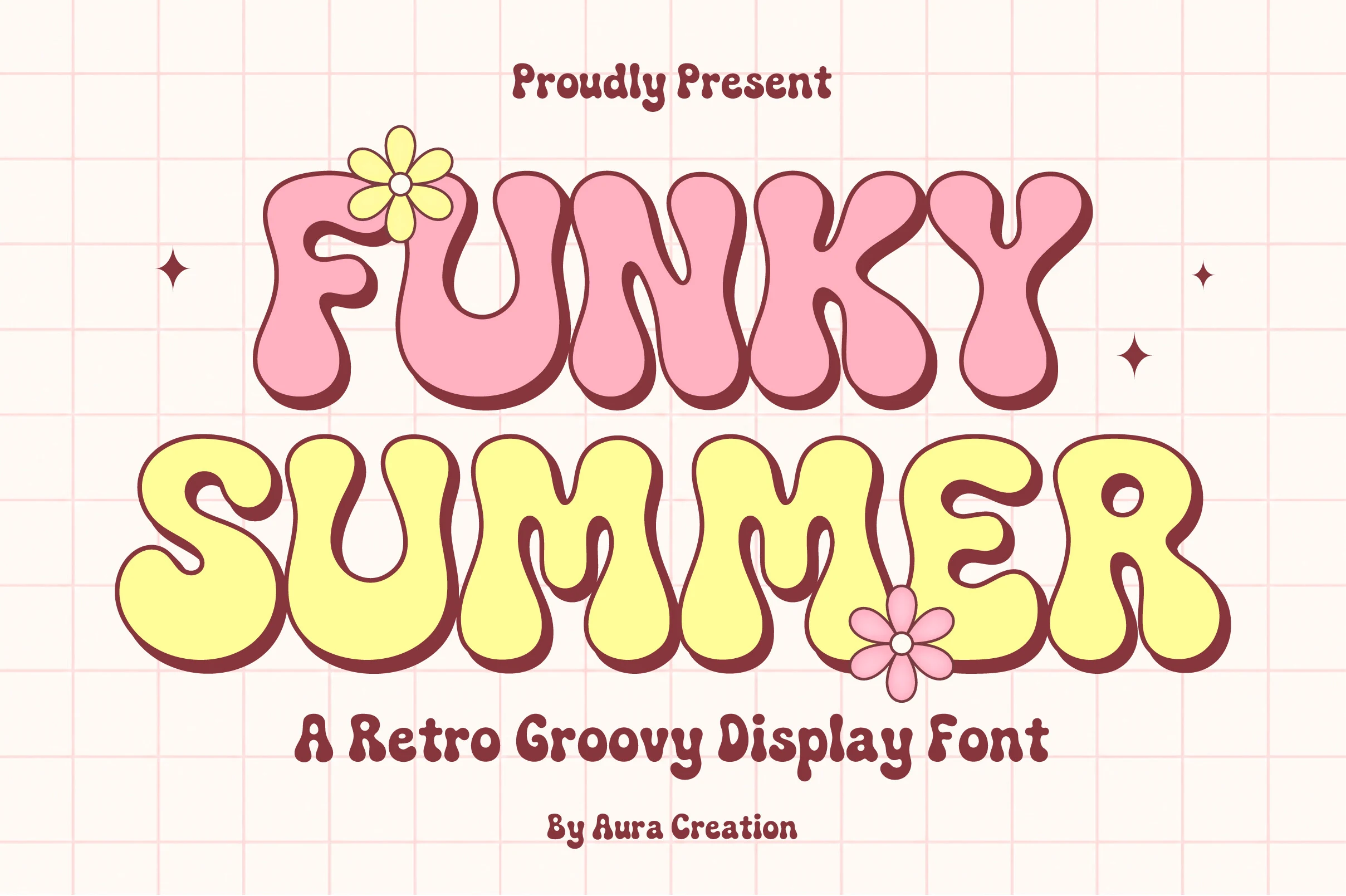 Funky Summer Font preview with pink and yellow bubbly retro letters and flower accents