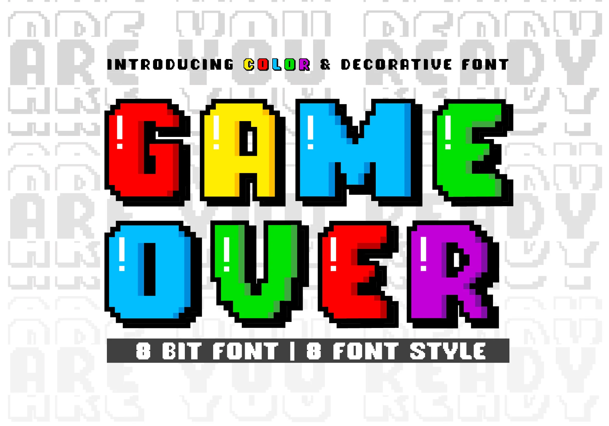 Game over Font preview with chunky pixel-style letters in bright red, yellow, blue, green, and purple