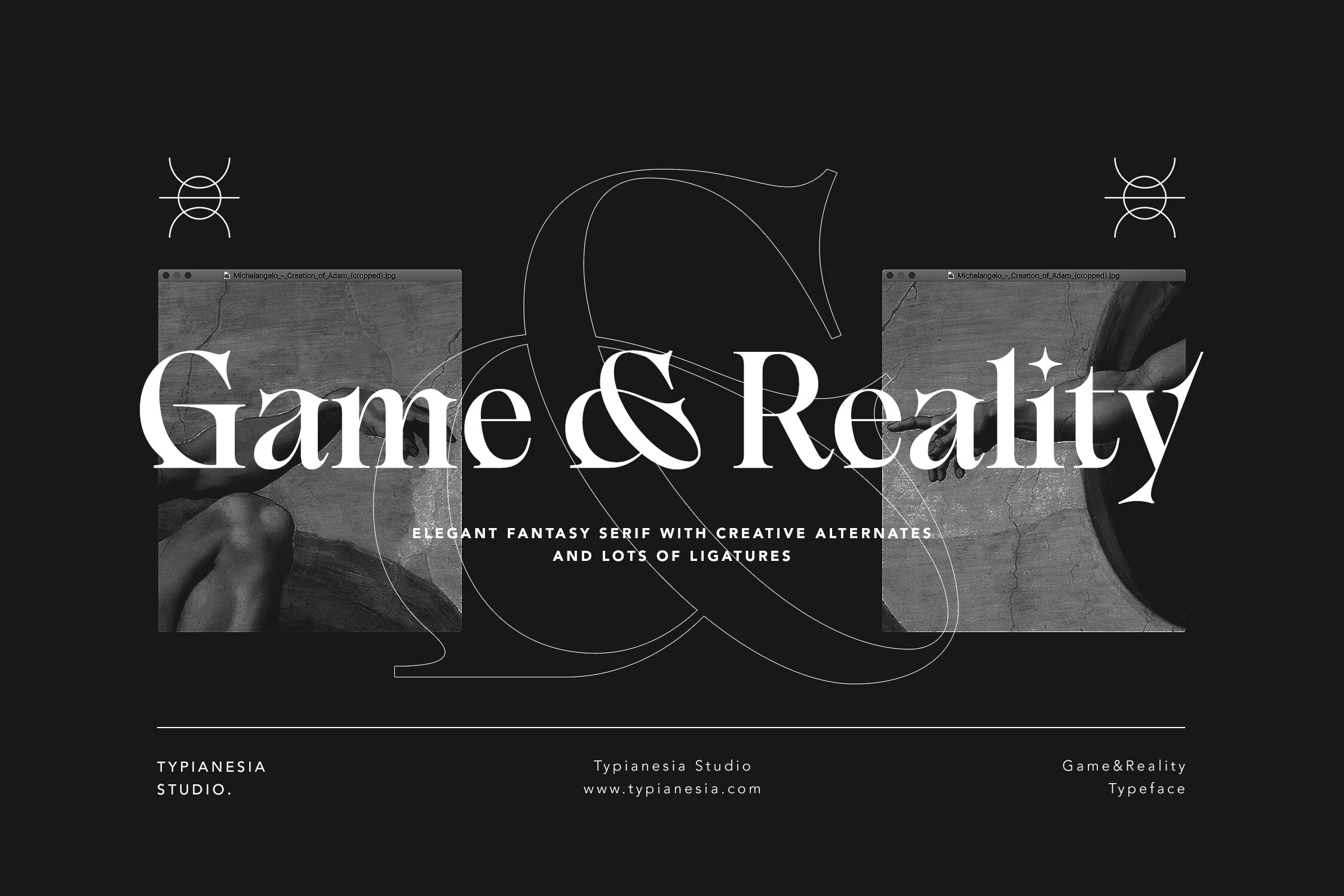 Game & Reality Font preview with elegant high-contrast serif lettering on a black background