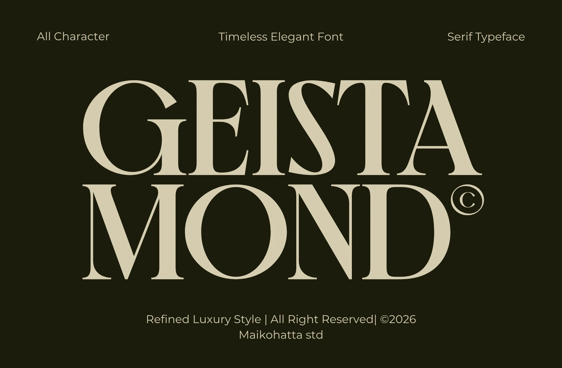 Geista Mond Font preview showing high-contrast luxury serif lettering in cream on a dark background