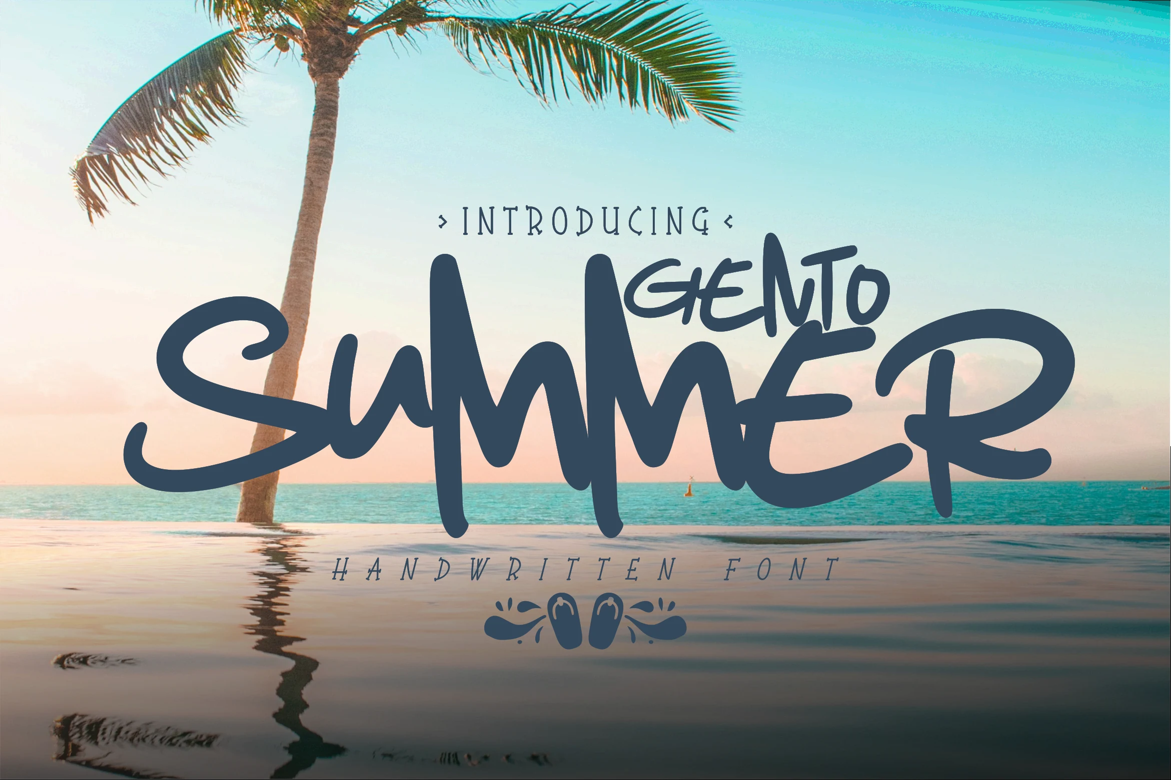 Gento Summer Font preview with bold blue handwritten lettering over a tropical beach scene