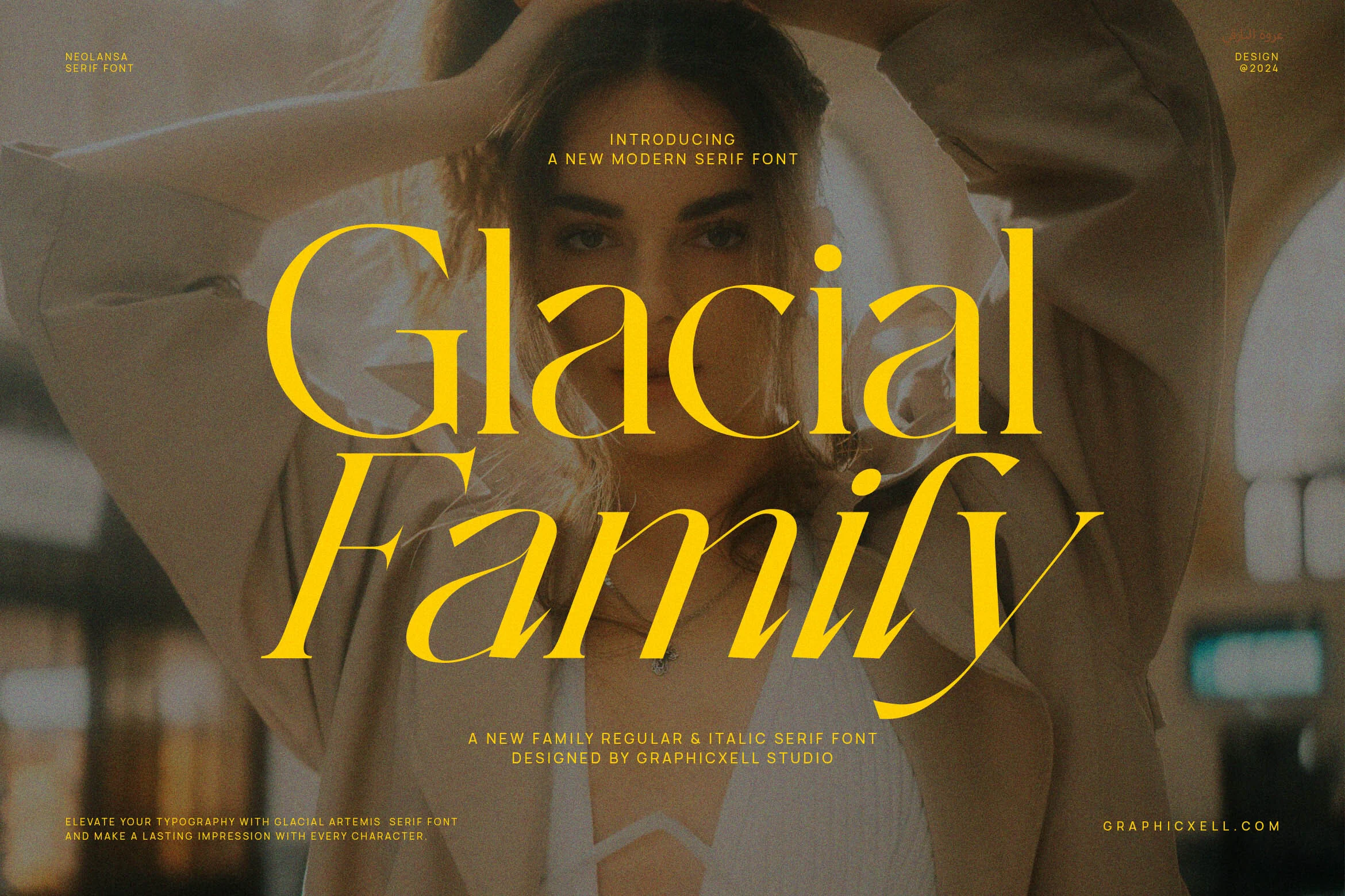 Glacial Family Font preview with high-contrast yellow serif lettering and italic display forms