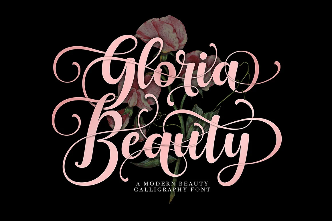 Gloria Beauty Font ornate pink calligraphy script with thick strokes and long flourishes